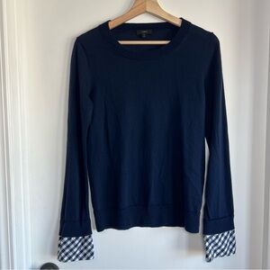 J Crew 100% Wool Navy Long‎ Sleeve Plaid French Cuff Sweater, Size Medium